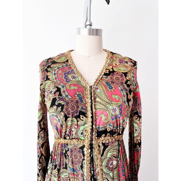 Vintage 70s Paisley Maxi Dress Pink Gold Sequin Trim Empire Waist Boho Gown - Picture 5 of 8